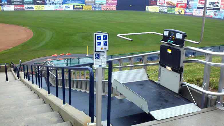 Harry Grove Stadium wheelchair lift image on Bedco Mobility website