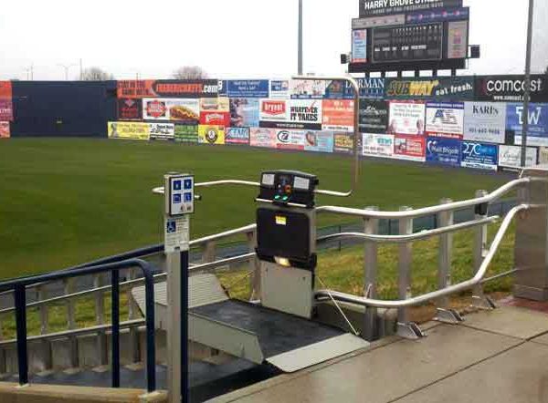 Harry Grove Stadium wheelchair lift image on Bedco Mobility website