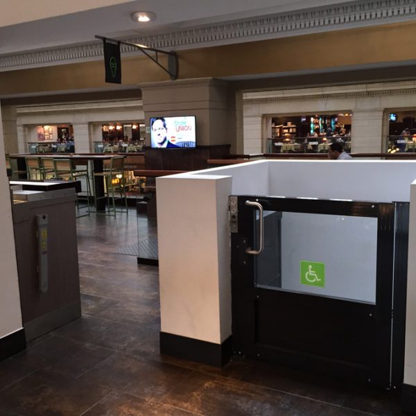 Shake Shack wheelchair lift upper gate image on Bedco Mobility