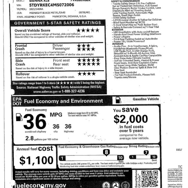 Toyota Sienna Window Sticker