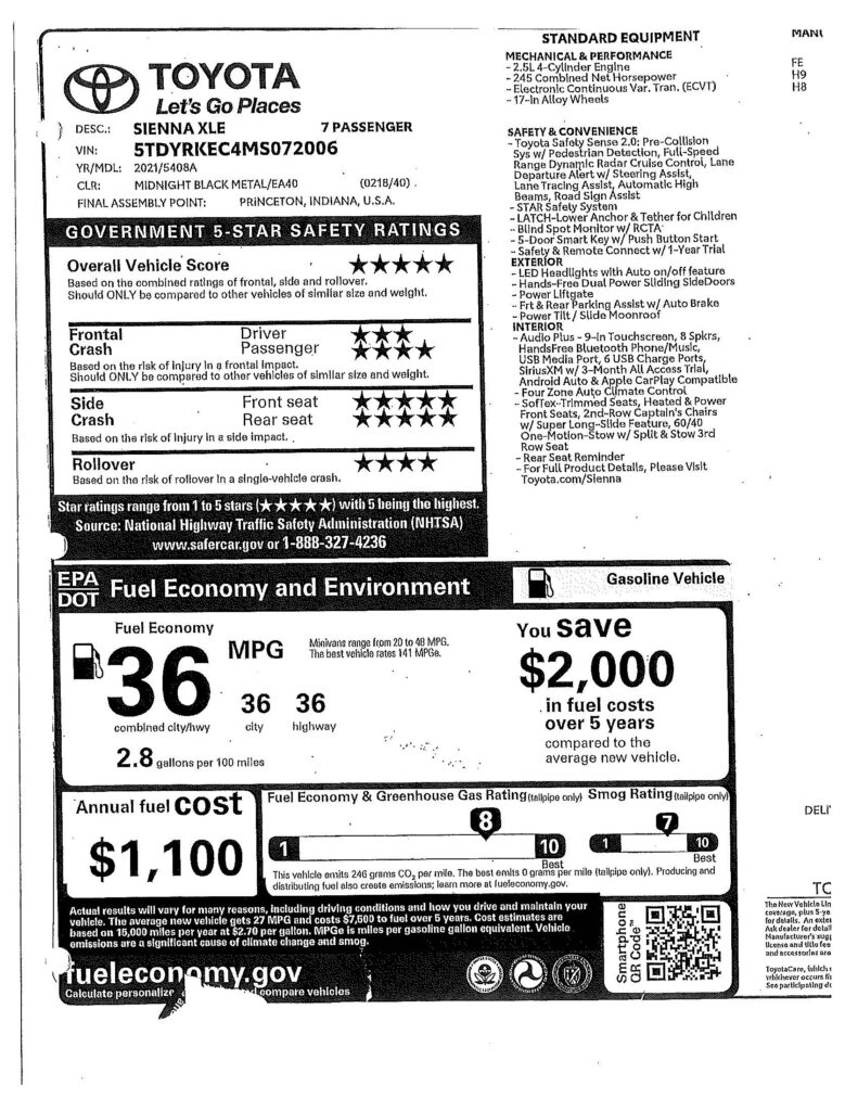 Toyota Sienna Window Sticker